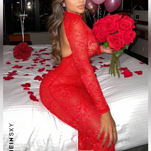 Shein red dress sexy mesh - Picture 3 of 5